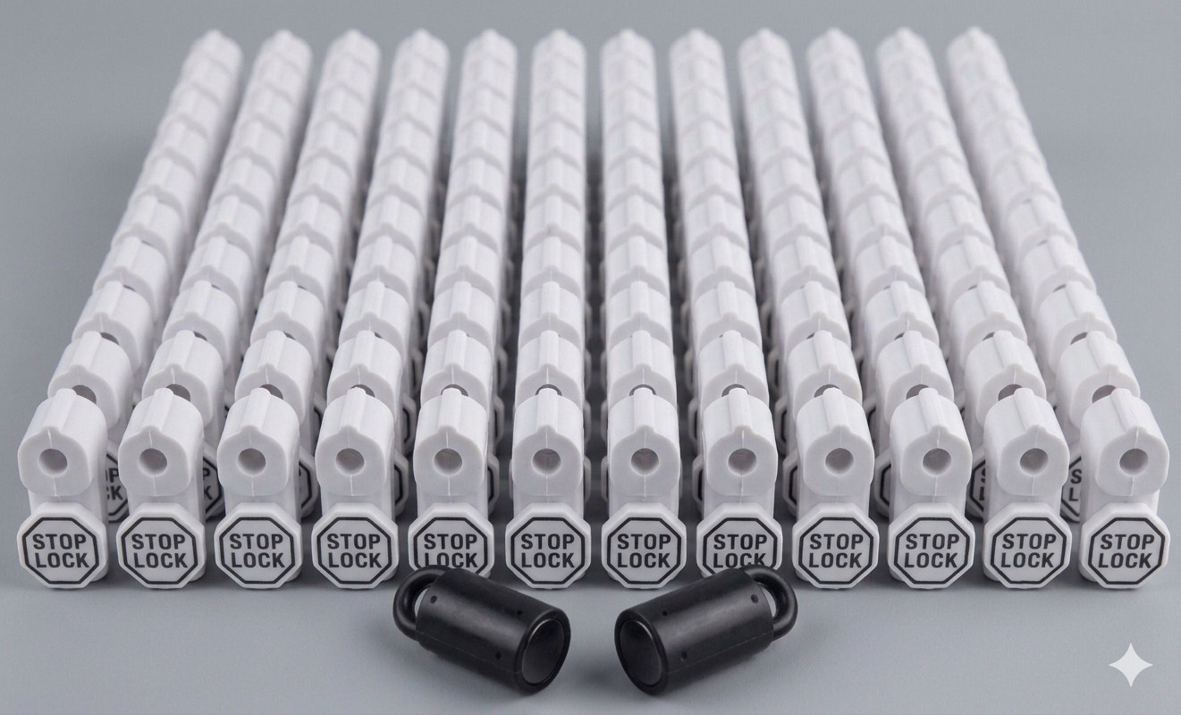PegGuard White Retail Stop Locks with 2 Matching Keys | 100-Pack